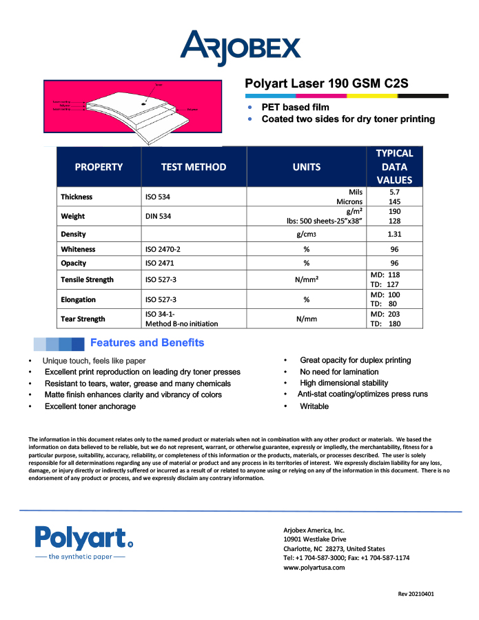 Arjobex Data Sheet_Polyart for Laser 190 GSM
