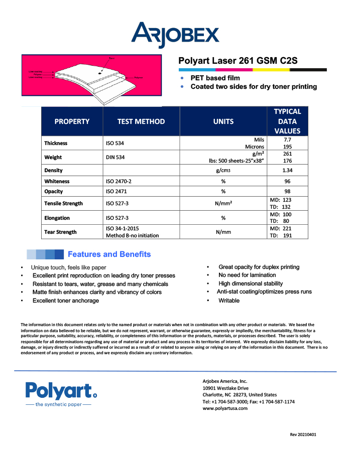 Arjobex Data Sheet_Polyart for Laser 261 GSM